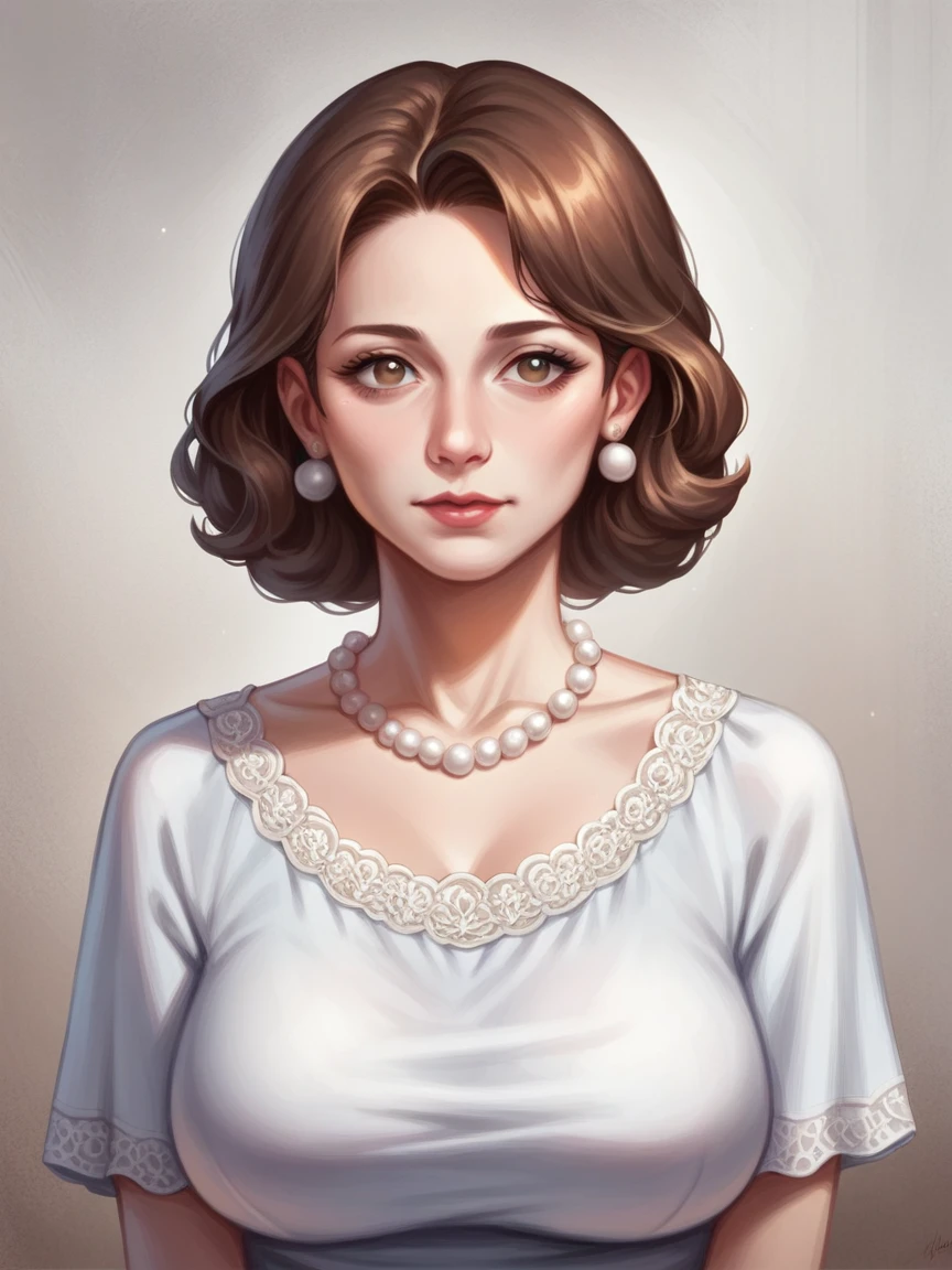 ((Best quality)), ((masterpiece)), (detailed), 3/4 illustration of a middle aged female character with soft short shoulder length brown hair and hazel eyes, motherly, milf, full figure, soft expression, older, aged 40, digital art painting style, digital portrait, white blouse, pearls, sitting