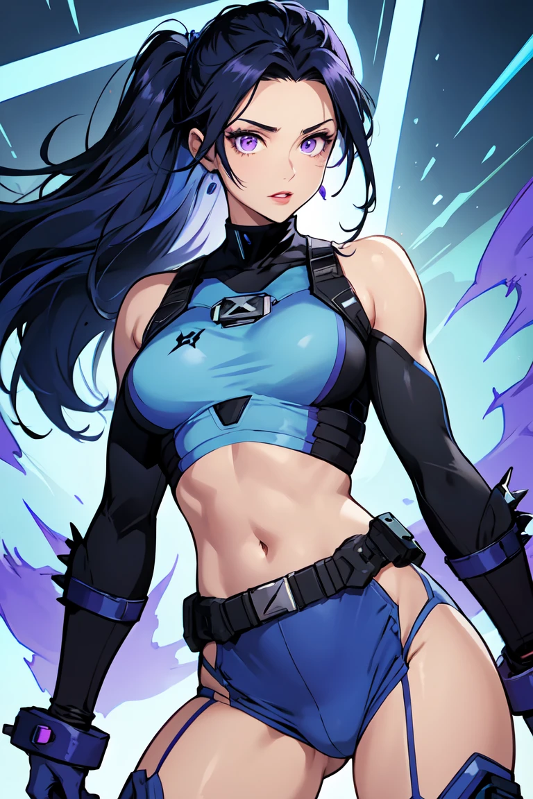 1. Light skinned woman 2. Long spiky navy blue hair/dark 3. lips painted blue and purple 4. Purple eyes 5. Attractive clothing with technological implants whose predominant colors are Blue and Purple (Example Alita from Battle Angel, I will show an example)
6. wears dark blue boots 7. He has blue gloves 8. Both his arms and legs are uncovered., that is to say, his technological combat suit only covers his torso, waist and chest, the elbows, arms and legs are uncovered.