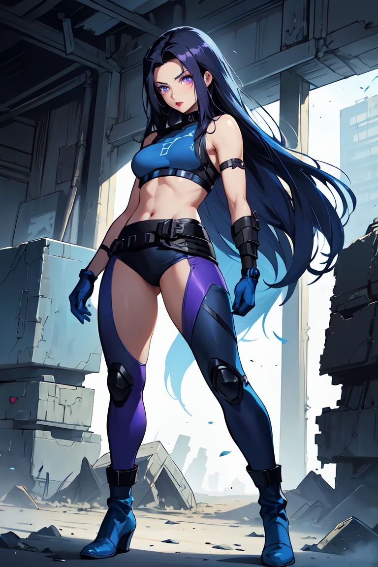 1. Light skinned woman 2. Long spiky navy blue hair/dark 3. lips painted blue and purple 4. Purple eyes 5. Attractive clothing with technological implants whose predominant colors are Blue and Purple (Example Alita from Battle Angel, I will show an example)
6. wears dark blue boots 7. He has blue gloves 8. Both his arms and legs are uncovered., that is to say, his technological combat suit only covers his torso, waist and chest, the elbows, arms and legs are uncovered.
9. Alita Battle Angel combat costume