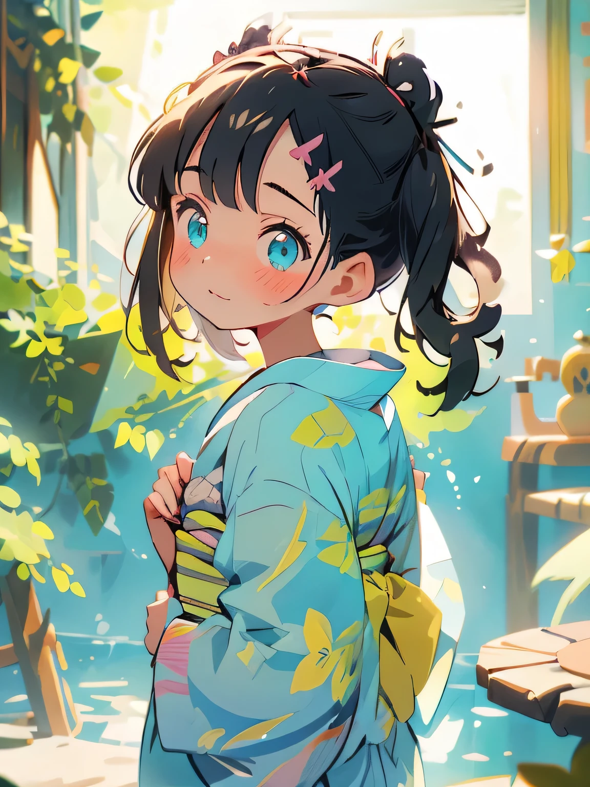 (masterpiece), (best quality), ultra high res, sharp focus, warm pastel tone, ((1 girl, solo)), upper body, side profile shot beautiful detailed hair, ((black hair)), (2 pink ribowns on the hair), beautiful detailed face, ((beautiful shape eyes, Turquoise eyes)), perfect feminine face, head up, looks up, surprise face, ((blush)), ((marnie pokemon)), ((ponytails)), ((assymmetrical bangs)), (marnie), (blushing), (forest), (yukata), (shinobi)