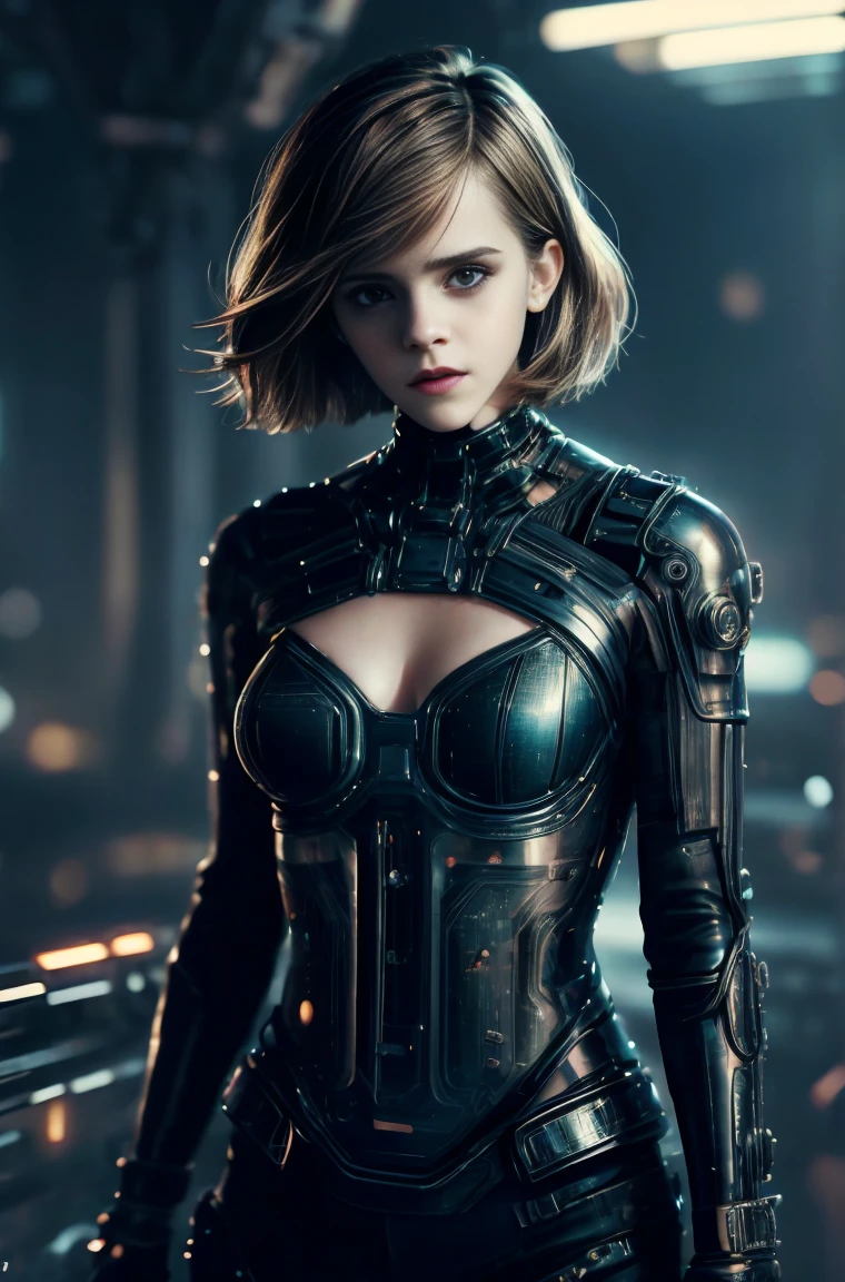 Emma Watson, Beautiful girl in cyberpunk scene with medium breasts, medium-bob hair, (see-through, lower breasts),  visible from dress, upper-body, portrait