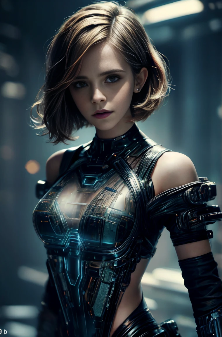 Emma Watson, Beautiful girl in cyberpunk scene with medium breasts, medium-bob hair, (see-through, lower breasts),  visible from dress, upper-body, portrait