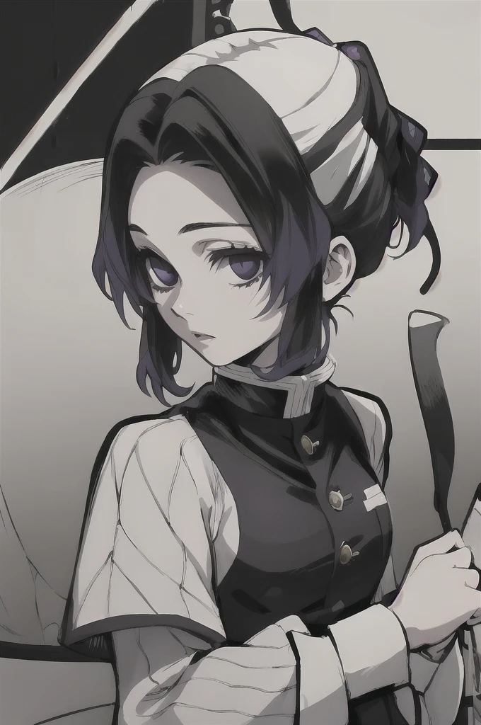 girl with short white hair, white eyes, demon slayer uniform, highly detailed high contrast hd masterpiece of best quality in high resolution