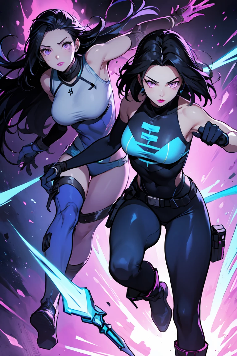 1. Woman with fair skin
2. Long, pointed dark navy blue hair
3. Lips painted in blue and purple
4. Purple eyes
5. Attractive attire with technological implants, predominantly in blue and purple colors (Example: Alita from Battle Angel, I will show an example)
6. Wearing dark blue boots
7. Wearing blue gloves
8. Both her arms and legs are uncovered, meaning her combat suit with technology only covers her torso, waist, and chest; elbows, arms, and legs are exposed.