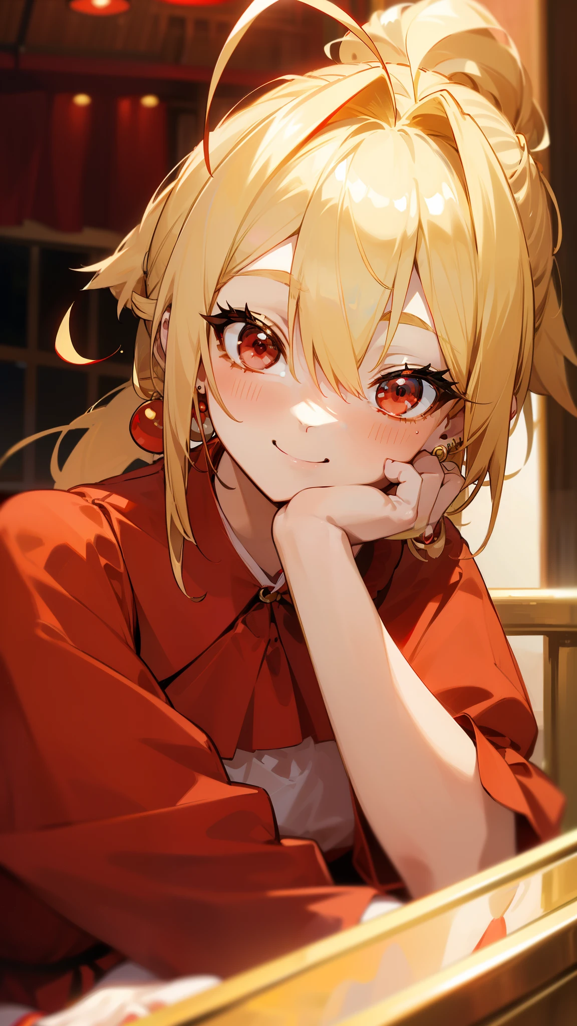 1 Girl、(anime)、(((blonde、ponytail、Round red eyes、Ahoge、smile、red blouse shirt、Gold earrings)))、(Sit with a glass)、((indoor、night、Pub))、Upper body close-up