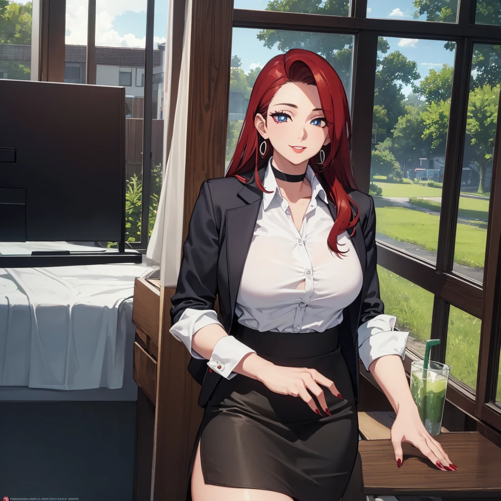 a woman in the office room, a white wall, a grey table, plants, window, sexy poseasterpiece))), ((best quality)), ((intricate detailed)), ((Hyperrealistic)), absurd res, milf, mature woman, perspective, highly detailed, illustration, 1girl, ((perfect breasts)), perfect hands, detailed fingers, beautiful detailed eyes, red hair, smile, red lips, brown eyes, CEO, (business outfit:1.2), office shirt, tight skirt, black choker, make up, earrings, stockings, detailed background, bedroom, perfect eyes, seductive eyes, looking at the viewer, red fingernails, BREAK outdoors, nature, forest, trees, grass, sun, sky, clouds, BREAK looking at viewer, BREAK (masterpiece:1.2), best quality, high resolution, unity 8k wallpaper, (illustration:0.8), (beautiful detailed eyes:1.6), extremely detailed face, perfect lighting, extremely detailed CG, (perfect hands, perfect anatomy),