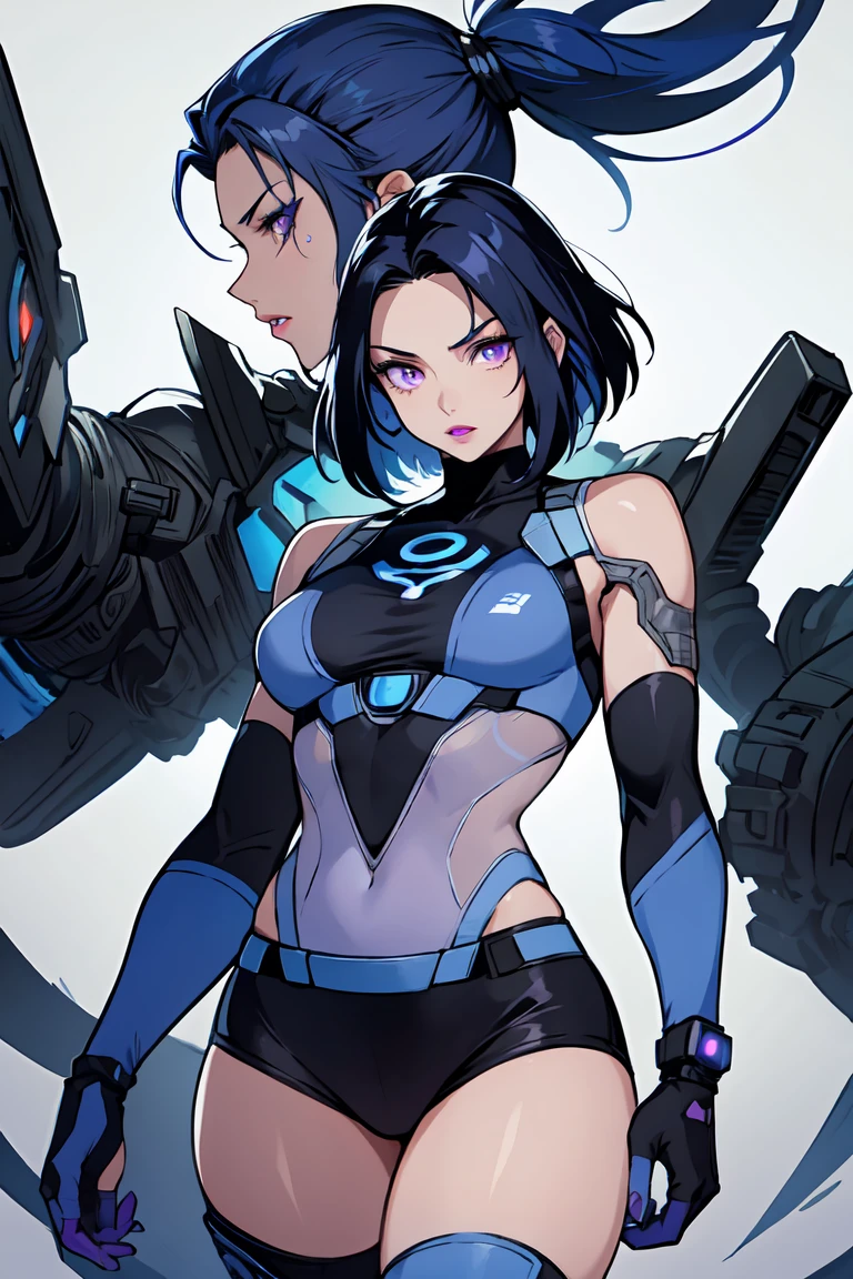 1. Light skinned woman 2. Long spiky navy blue hair/dark 3. lips painted blue and purple 4. Purple eyes 5. Attractive clothing with technological implants whose predominant colors are Blue and Purple (Example Alita from Battle Angel) 6. wears dark blue boots 7. He has blue gloves 8. Both his arms and legs are uncovered., that is to say, his technological combat suit only covers his torso, waist and chest, the elbows, arms and legs are uncovered. cyborg