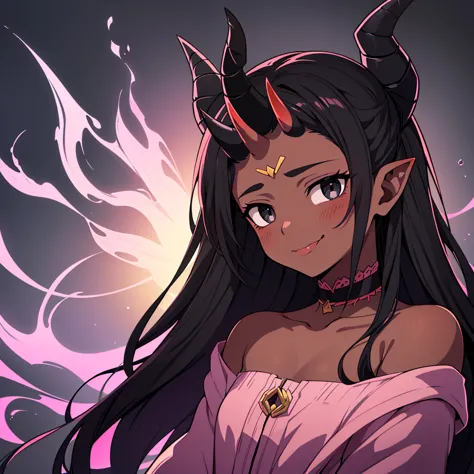 portrait, of an incubus ((male character)), with dark black skin, long flowing mixed hair ((smoky texture hair)), staring at the...