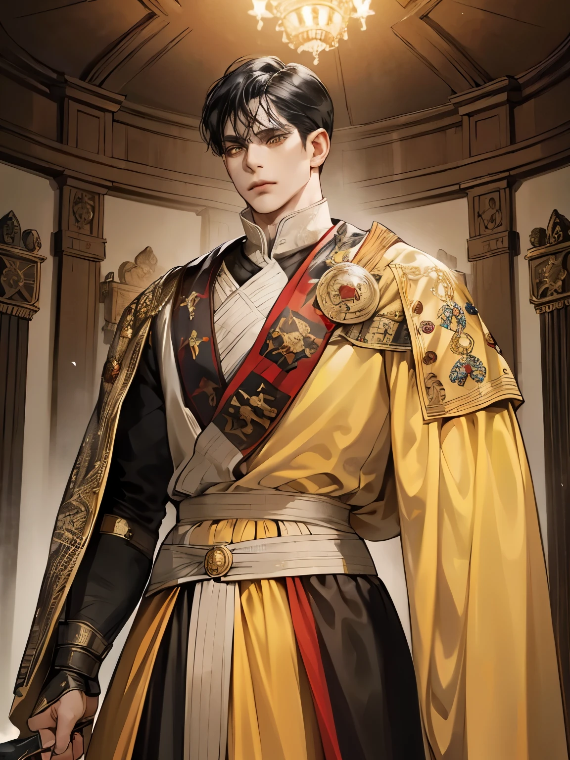 (((man))), (((mature))), black hair, ((bristle)), Dark-skinned man, short tousled hair, yellow eyes, medieval knight costume, black red army captain suit, medieval clothing 19th century, detailed face, Beautiful, in a palace, deep light, With a sword, cold look, rude