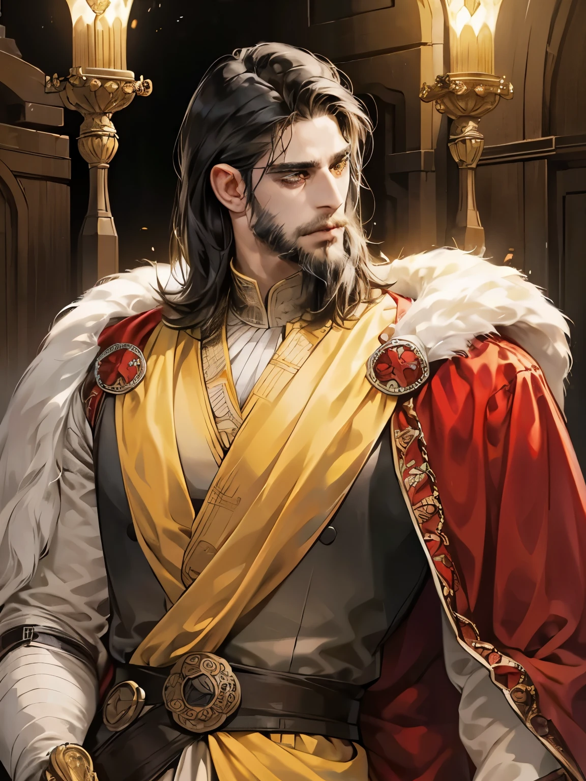 (((man))), (((mature))), black hair, ((beard)), Dark-skinned man, short tousled hair, yellow eyes, medieval knight costume, black red army captain suit, medieval clothing 19th century, detailed face, Beautiful, in a palace, deep light, With a sword, cold look, rude