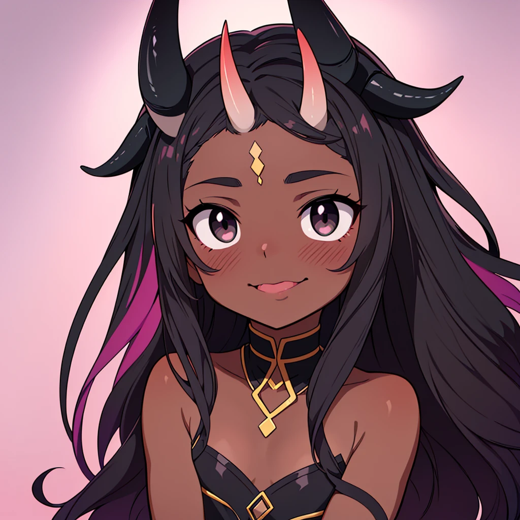 portrait, of an incubus ((male character)), with dark black skin, long flowing mixed hair ((smoky texture hair)), staring at the viewer ((black eyes, tender and melancholic look)), smiling sadly ((  thin lip, slightly pink)), disintegrating little by little on the right side of the face, horn ((small horn, two black horns, on the forehead)).