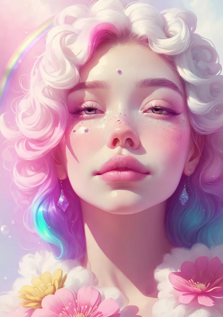 (This is a beautiful rainbow fantasy image that feels interesting and emphasizes glitter and iridescence.) Generate a ((blind)) curvy woman with colorful curly hair and milky white eyes. Her face is important and is perfectly formed with puffy lips and perfect features. (Her eyes are critically important and are (blank) and (solid white)). The image exudes ethereal beauty and soft fantasy. Include sweet and detailed birds and soft, luminous flowers in all the colors of the rainbow. The image's background is decorated in shades of pink, shimmer, glitter, and fantasy details like colored bubbles and cosmos. Utilize dynamic composition to create a compelling and action-packed image. Dramatic lighting and cinematic lighting enhance the woman's beauty and the soft colors in the artwork. (((((Perspective: head on.))))) Include fantasy, cute, colorful, colourful, interesting magic background, ((((blank eyes)))), ((((empty white eyes)))), (shirome eyes:1.3), (smirking), (perfectly rendered solid whiteeyes), ((birthmark on lip)), ((pretty lips)), beautiful background, complex background, sweet background, (((rainbow)))