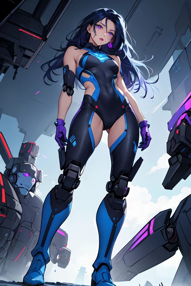 1. Light-skinned robot woman 2. Long spiky navy blue hair/dark 3. lips painted blue and purple 4. Purple eyes 5. Attractive clothing with technological and robotic implants whose predominant colors are Blue and Purple 6. wears dark blue boots 7. He has blue gloves 8. Both his arms and legs are uncovered., that is to say, His combat suit with technology and robotic parts only covers his torso., waist and chest, the elbows, arms and legs are uncovered.