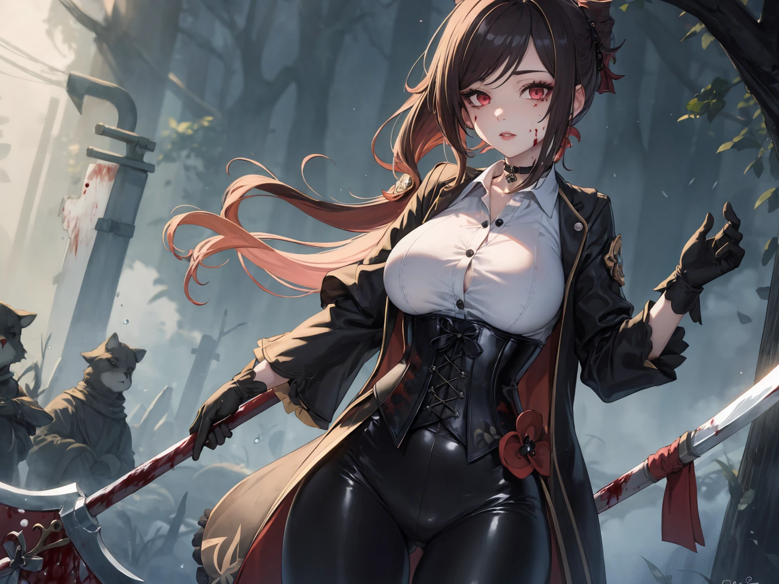 ((blood droplets)), ((blood)), ((blood splatter)), ((blood on clothes)), ((blood stain)), Masterpiece, Beautiful art, professional artist, 8k, Very detailed face, Detailed clothing, detailed fabric, 1 girl, Chiori \(genshin impact\), standing, perfectly drawn body, big breasts, shy expression, pale skin, beautiful face, long black hair, 4k eyes, very detailed eyes, pink cheeks, choker:1.6, (white collar button down long sleeve shirt), black gloves, gloves that cover hands, (holds an ax with his right hand), (black leather corset), (shiny black leggings), Sensual Lips , evening de invierno, show details in the eyes, looking at the viewer, Dark road, dark forest, evening, Atmosphere, fog