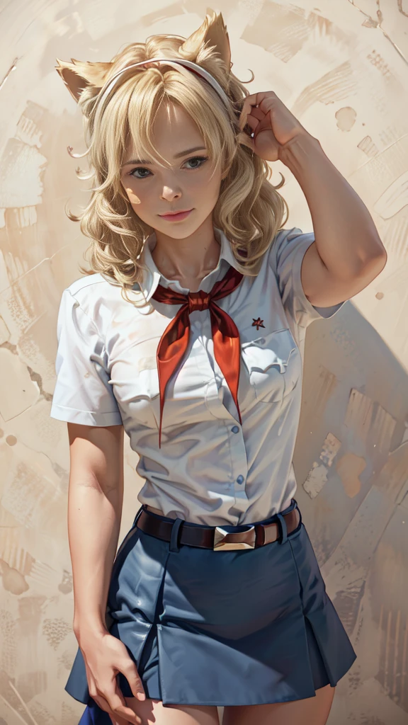 very young slim fit girl, full height, rounded face, (long curly disheveled blond hair:1.4), big blue eyes, shy smile, perfect medium breast, band on head with fake cat ears, monroe, pioneer neckerchief, short tight blue pleated skirt, bangs, tight white shirt, short sleeves, collared shirt, belt, red neckerchief, breast pocket, RAW, high detailed skin, 8k uhd, soft lighting, (masterpiece), (best quality:1.2), absurdres, thick outlines, (vibrant shadows), deep shadows, detailed eyes, full height, (high quality), high detailed background, high detailed face, high detailed finger