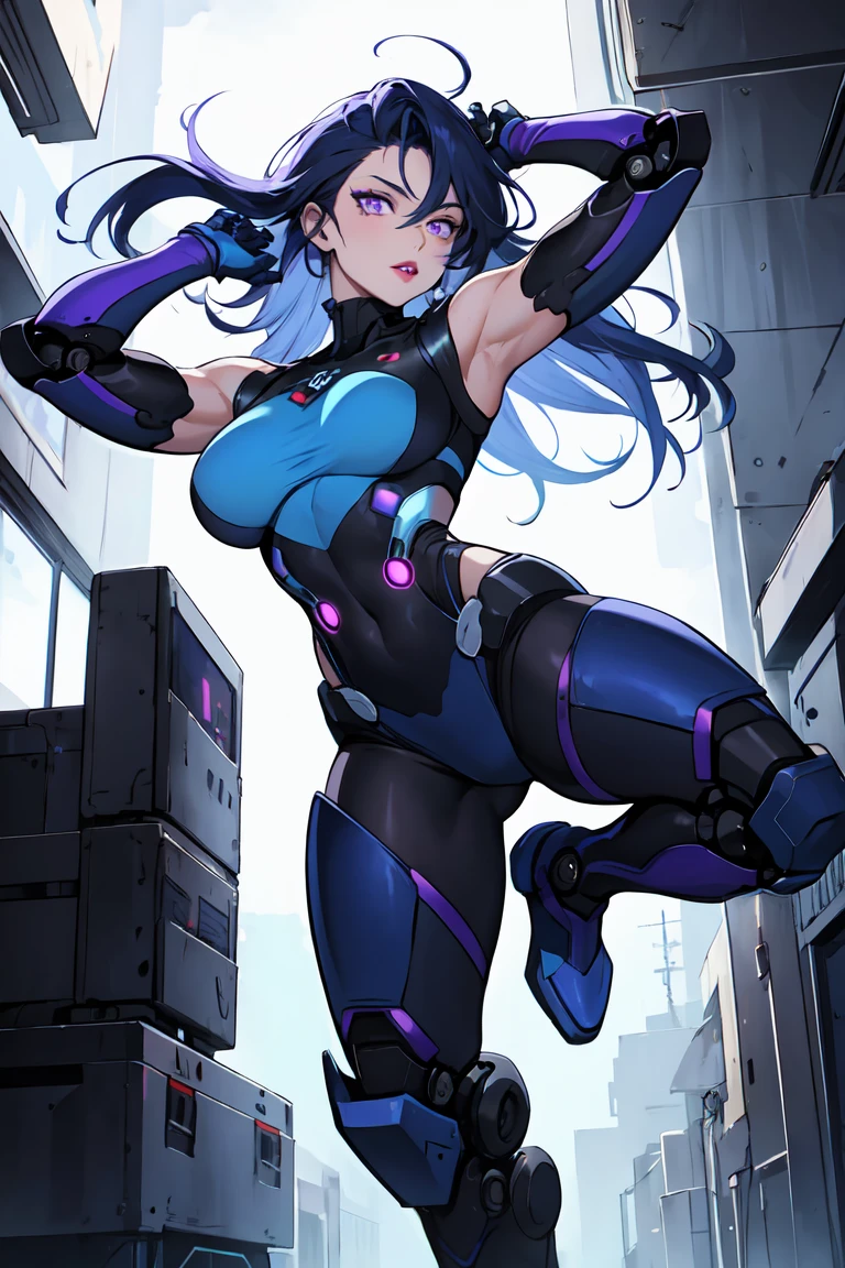 1. Light-skinned robot woman 2. Long spiky navy blue hair/dark 3. lips painted blue and purple 4. Purple eyes 5. Attractive clothing with technological and robotic implants whose predominant colors are Blue and Purple 6. wears dark blue boots 7. He has blue gloves 8. Both his arms and legs are uncovered., that is to say, His combat suit with technology and robotic parts only covers his torso., waist and chest, the elbows, arms and legs are uncovered.