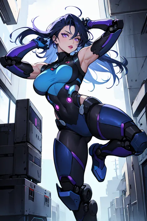 1. light-skinned robot woman 2. long spiky navy blue hair/dark 3. lips painted blue and purple 4. purple eyes 5. attractive clot...