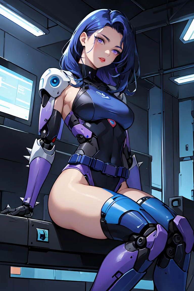 1. Light-skinned robot woman 2. Long spiky navy blue hair/dark 3. lips painted blue and purple 4. Purple eyes 5. Attractive clothing with technological and robotic implants whose predominant colors are Blue and Purple 6. wears dark blue boots 7. He has blue gloves 8. Both his arms and legs are uncovered., that is to say, His combat suit with technology and robotic parts only covers his torso., waist and chest, the elbows, arms and legs are uncovered.