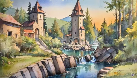 watercolor, Golden Hour, scenery, "In the ruined megalopolis"