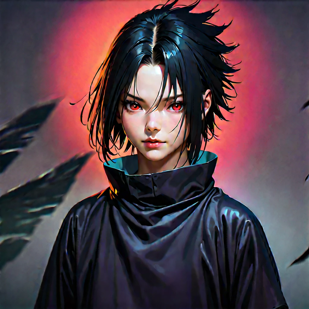 A captivating Dutch-shot of Sasuke, his magnificent red crystalline Sharingan eyes awakening and emitting a radiant reflective red light, against a background of falling crow's feathers, 4k, UHD, HDR, ultra-detailed, realistic, photorealistic, sharp focus, physically-based rendering, vivid colors, studio lighting, masterpiece