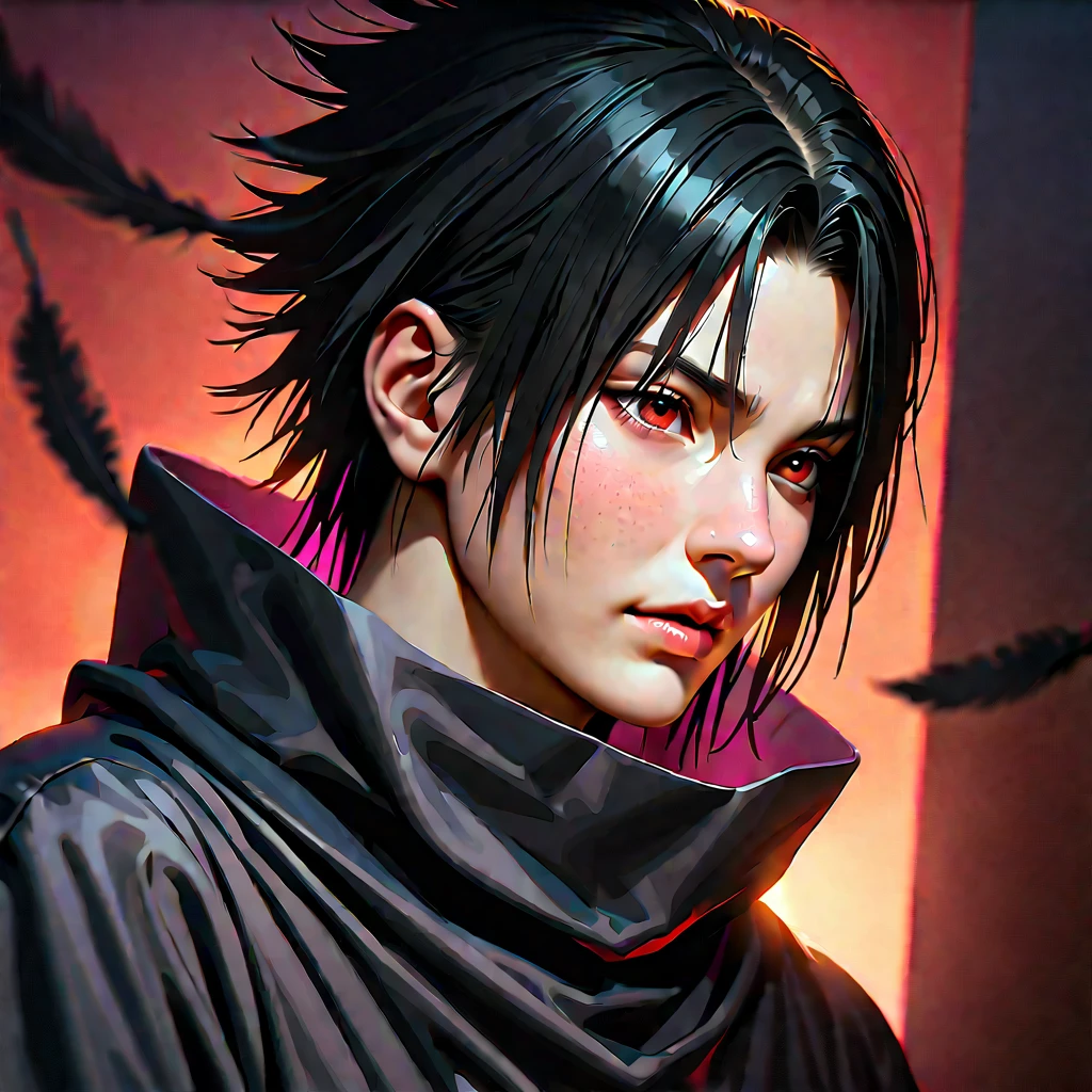 A captivating Dutch-shot of Sasuke, his magnificent red crystalline Sharingan eyes awakening and emitting a radiant reflective red light, against a background of falling crow's feathers, 4k, UHD, HDR, ultra-detailed, realistic, photorealistic, sharp focus, physically-based rendering, vivid colors, studio lighting, masterpiece