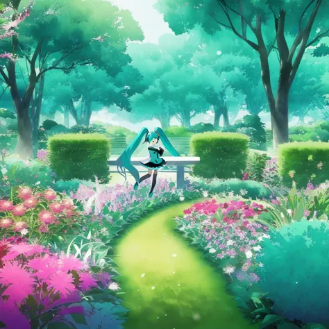 hatsune miku, beautiful garden, vocaloid, android, forest