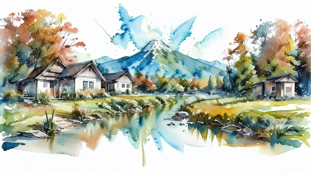 watercolor landscape painting, Japanese countryside scenery,