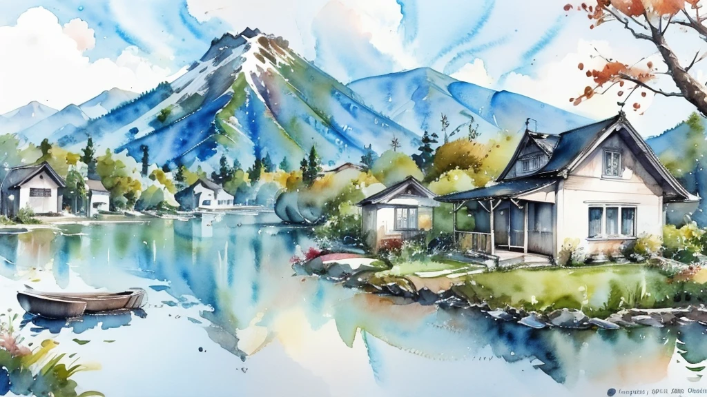 watercolor landscape painting, Japanese countryside scenery,