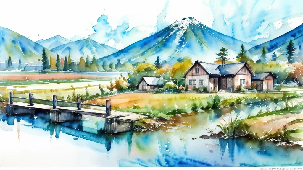 watercolor landscape painting, Japanese countryside scenery,