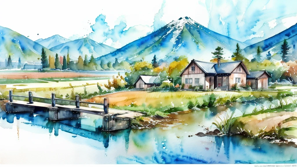 Pintura de paisaje en acuarela, paisaje de campo japonés,