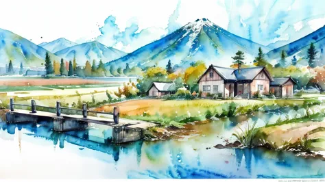 watercolor landscape painting, japanese countryside scenery,