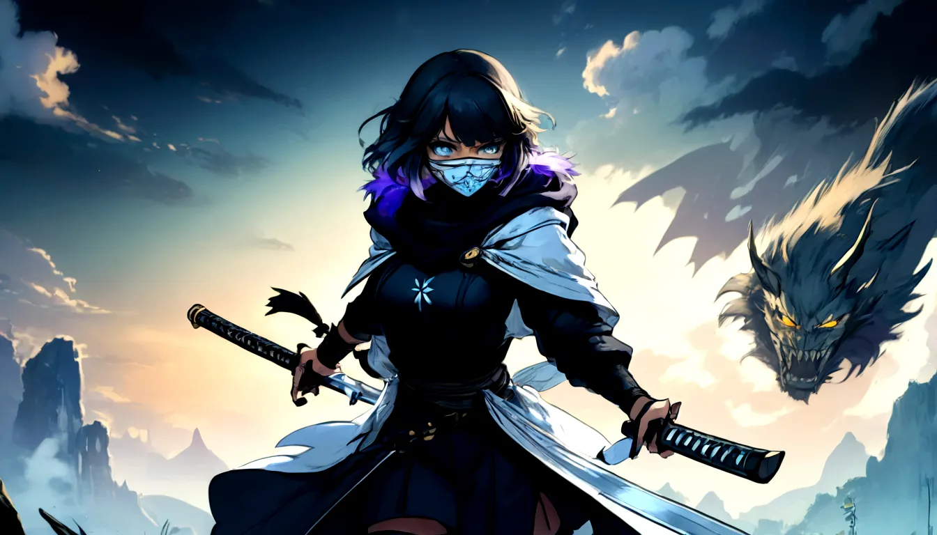 ninja mask, cape,close up, black heavy detailed clothes, katana, art, dark and malevolent, hand sword, armor, powerful and intim...