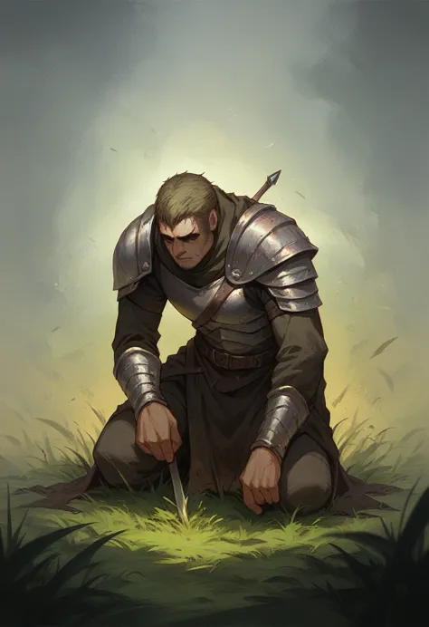 Man drawn in gloomy colors, gloomy, yellowish green, dead grass, warrior armor