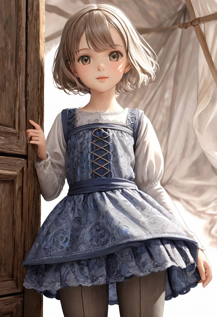  ropa interior de niña, Bragas realistas hechas de tela de algodón estampada., Vestido medieval de una pieza con alforjas., Fabric Realism, Ángulo bajo, Puedes ver el cajón., Levanta el vestido con la mano., Vientos fuertes, deslizamiento translúcido, deslizamiento translúcido, medias, de la máxima calidad, Primer plano de la entrepierna, todo el cuerpo
