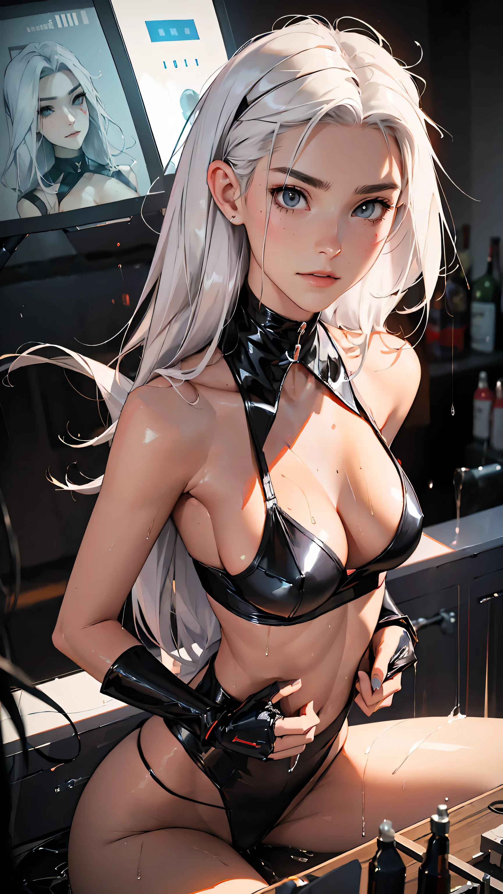 （lifelike， high - resolution：1.3）， 1 girl with a perfect body，slender body, Super fine face and eyes，assasin, dark makeup, shiny skin，white hair, (girl caught in a sex machine)，Expose cleavage, (sex machine, restrained, bound, bdsm, object insertion, smachine) (wet skin, shiny skin)