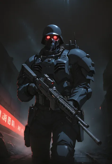 jin-roh!,1 boy,glowing,cowboy shot,strong,round eyes,backpack,no pupils,radio antenna,red eyes,dark,low-key,night,shadow,
sewer,...