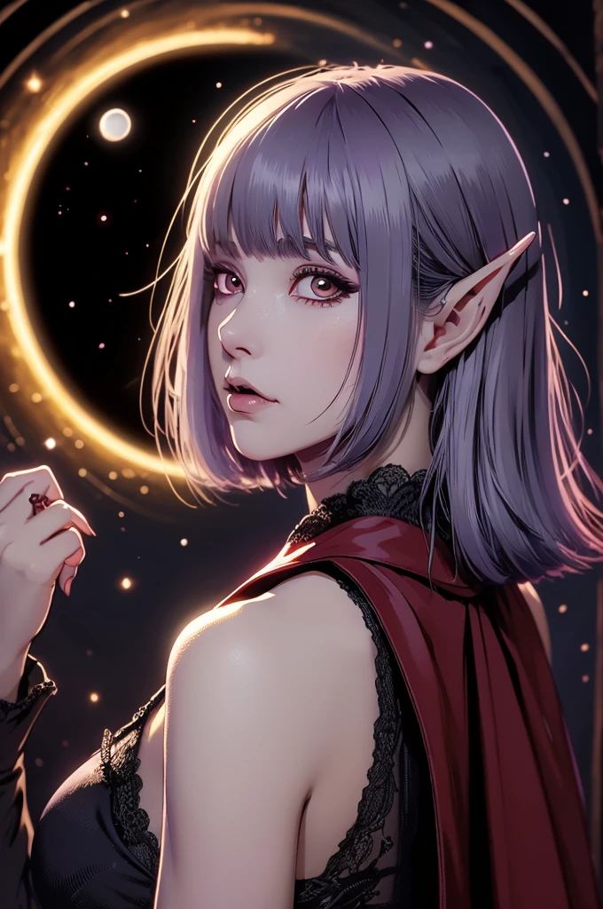 (Ultra-detailed face, looking away), (Head down, feet up, upside down), (Fantasy Illustration with Gothic & Ukiyo-e & Comic Art), (Full body, A middle-aged dark elf woman with silver hair, blunt bangs, very long disheveled hair, and dark purple skin, lavender eyes), (She is wearing a Victorian dark red cape dress and dark red mules), BREAK (She is floating, head down, above a glowing magical circle. She looks anxious and boldly poses with her hands to push it open as she speaks), BREAK (In the background, crystal crystals cover the world, eerily reflecting the red moonlight)