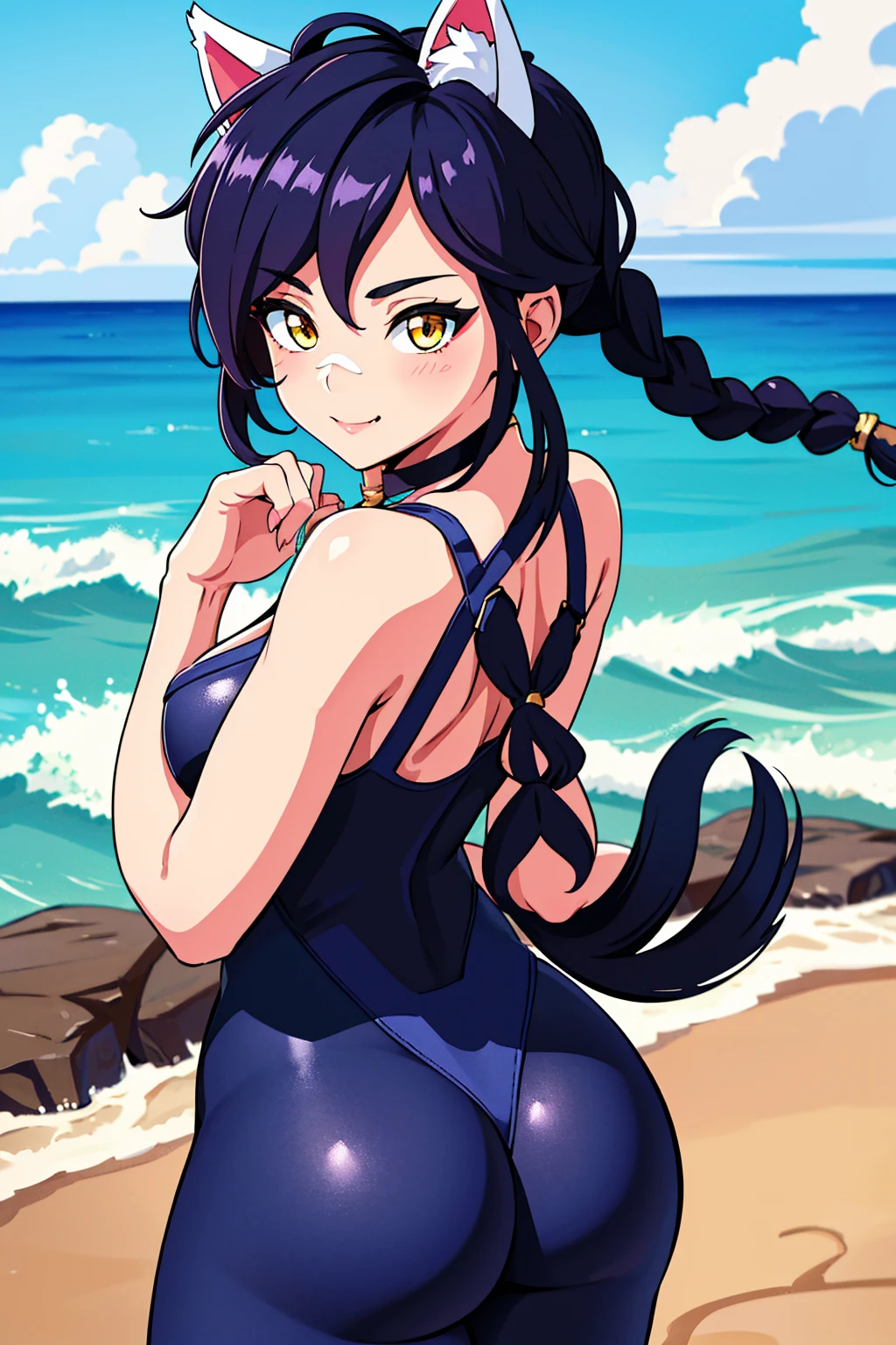 Erisa, 1girl, solo, long hair, looking at viewer, black hair, bandaid on face, yellow eyes, animal ears, smile, bandaid on nose, braid, cat ears, bandaid, bangs, breasts, fake animal ears, simple background, fang, bare shoulders, scar, bare shoulders, closed mouth, hair over one eye, portrait, hair over shoulder, legs, seductive, bathing suit, 2 piece swimsuit, beach, realistic, highly detailed face, detailed eyes, best quality, masterpiece, ultra detail, ultra high res, extreme detail, 8k, uhd, voluptuous, curvy, thick thighs, milf, butt, ass, round ass, from behind, holding up butt, 