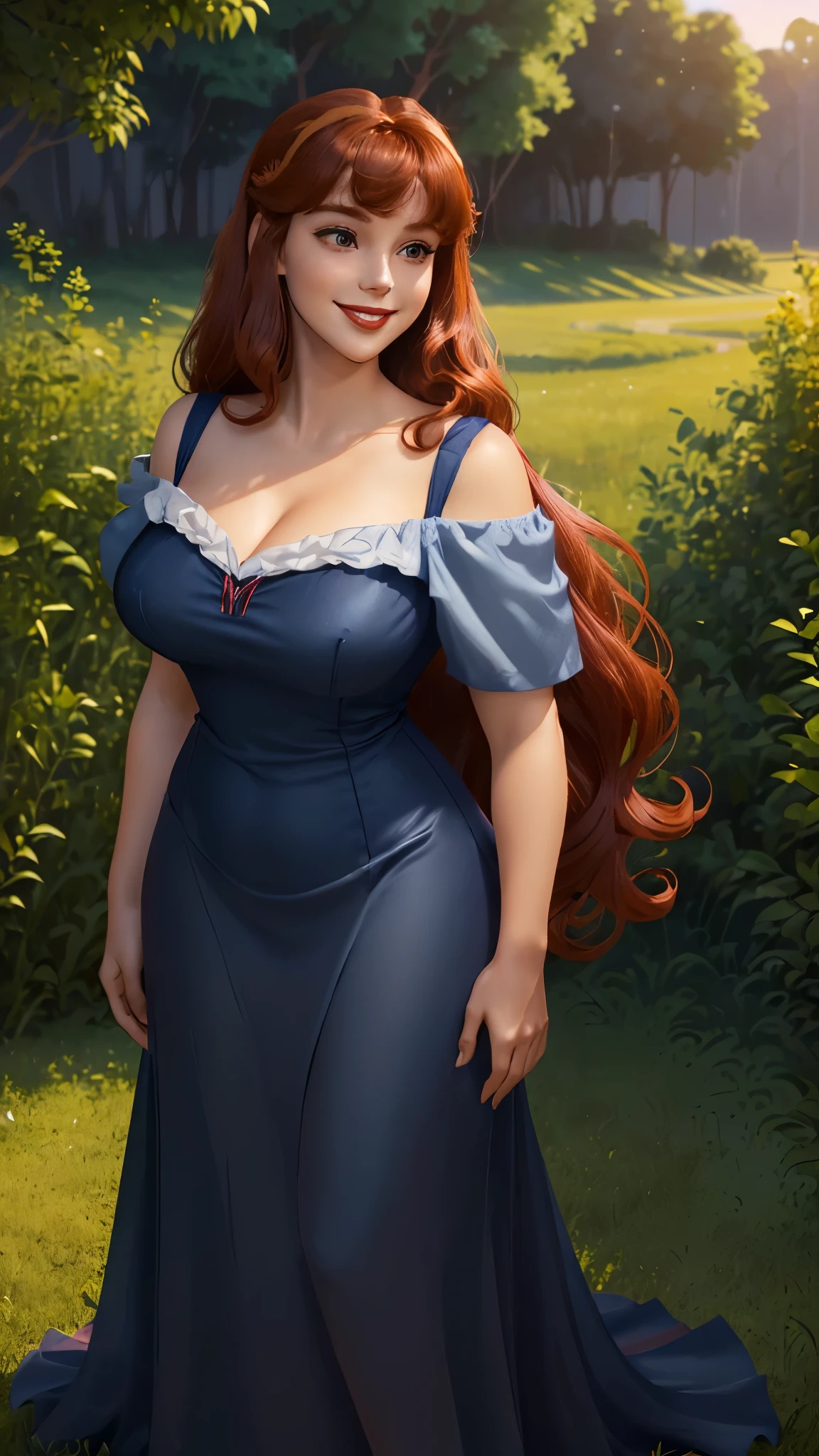 DisneyAurora, 27 years old, full body view Beautiful woman (((shoulder length wavy auburn hair, two side up with bangs))) defined body, voluptuous, sexy, Red lipstick, hands free, (((mouth slightly open, smiling))) (((standing facing camera))) ((( short sleeve, navy blue nightgown ))), in moonlit grassy field (large_breasts:1.2) (curvy:1.1)(chubby:0.9)