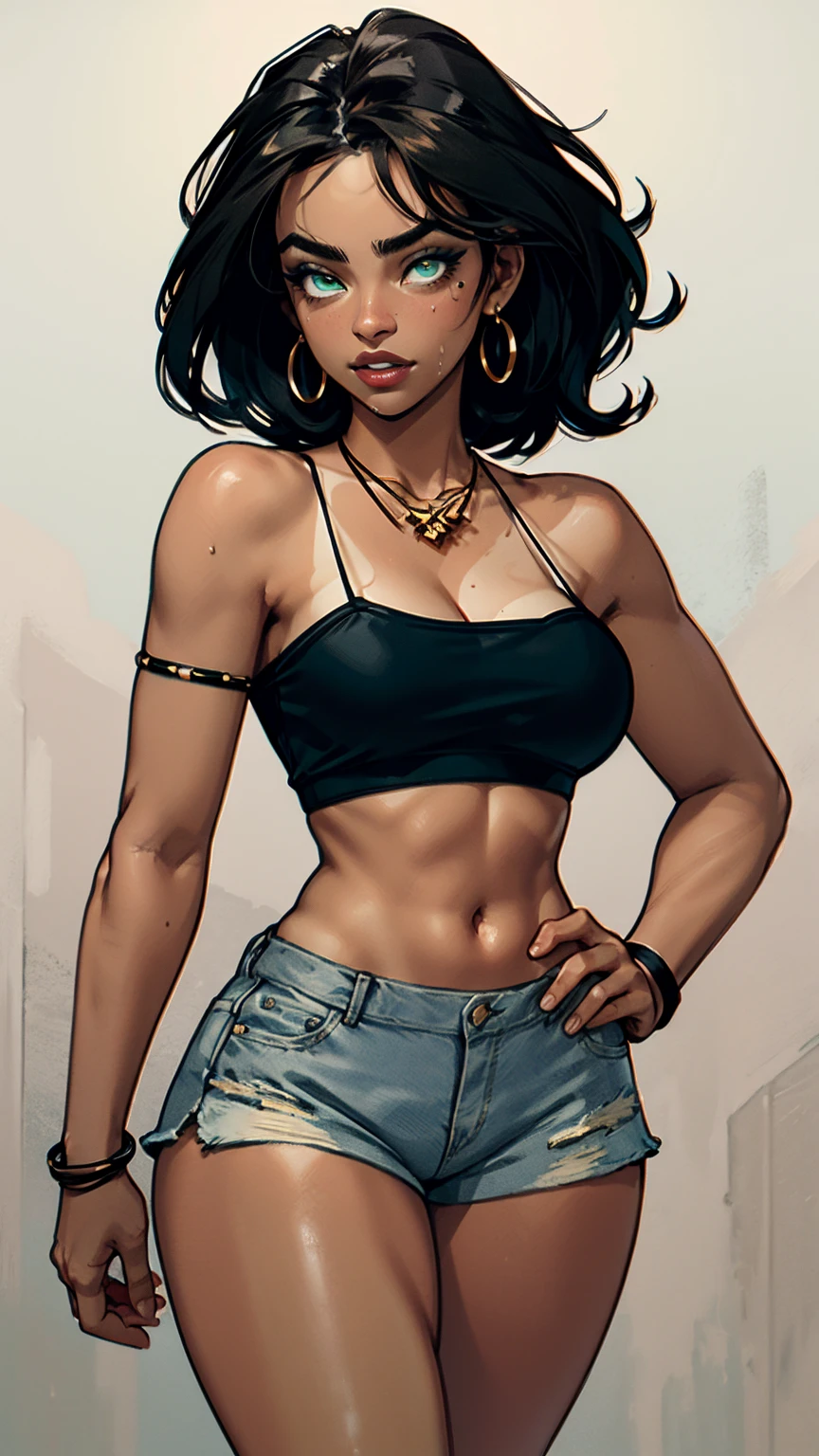 Woman, dark tan skin, sexy toned body, spaghetti strap crop top white, blue denim short shorts necklaces and braclets, thick breasts, long straight black hair, green eyes, sweaty,