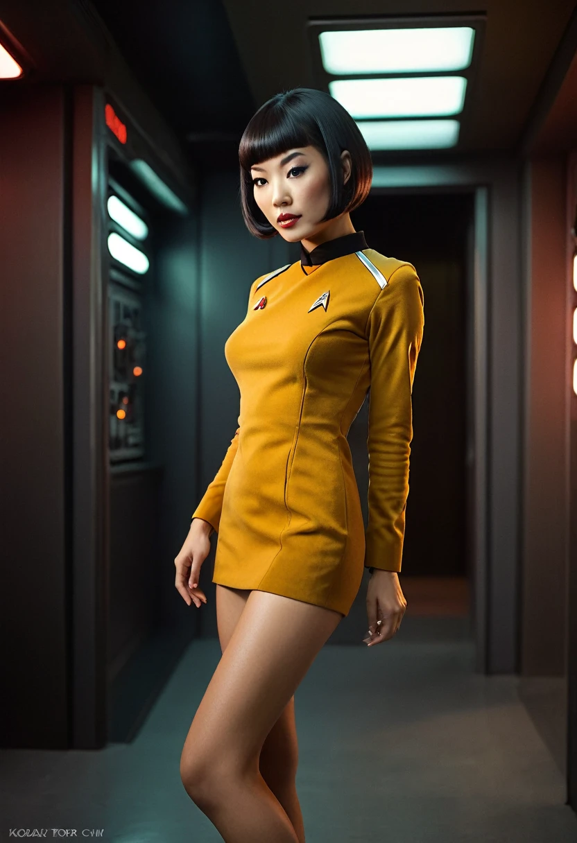 provocative, sexy, very sexy, flirtatious, arousing, revealing, sensuous, teasing ((wearing star trek original series 70s once piece mini dress bridge crew uniform)) (asian crew member with bob haircut and slim figure) ((in the style of a retro-futuristic, retro-scifi film set) ((in the style of a 70s erotic movie, soft focus, cinematic, pulp, porn, retro porn, 1970s film) ((ultra realistic, detailed and dynamic)) (nikon d850 film 4 kodak portra 400 camera f1.6 lens, rich colors, hyper realistic, lifelike texture, dramatic lighting, cinestill 800 tungsten, (RAW photo, nikon, 8k, Super detailed, advanced details, intricate details, Super detailed), (award winning photo, masterpiece), (photo-realistic) ((anatomically correct, High precision human body, highly detailed face, realistic skin)) Lighting: Face lighting, Ray tracing, reflective light, Structurally correct)