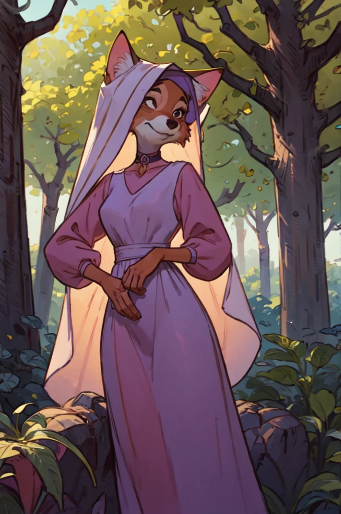 CARTOON_MaidMarian_ownwaifu, furry female fox, animal ears, black eyes, animal nose, orange fur, tail,veil,purple dress, long sleeves,choker, looking at viewer, serious, standing, outside, forest, natural lighting, high quality, masterpiece,  