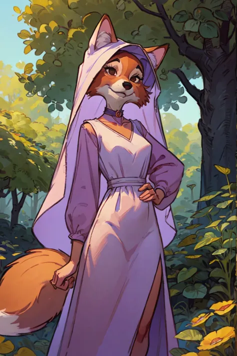 cartoon_maidmarian_ownwaifu, furry female fox, animal ears, black eyes, animal nose, orange fur, tail,veil,purple dress, long sl...