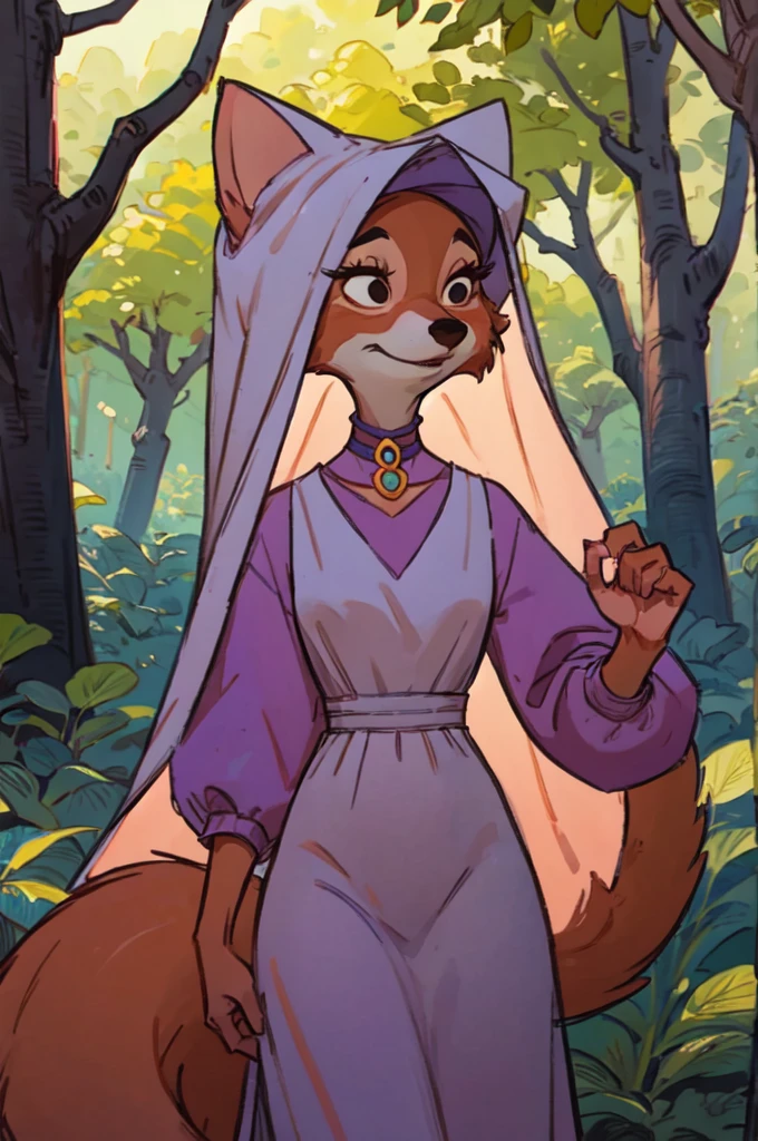 CARTOON_MaidMarian_ownwaifu, furry female fox, animal ears, black eyes, animal nose, orange fur, tail,veil,purple dress, long sleeves,choker, looking at viewer, serious, standing, outside, forest, natural lighting, high quality, masterpiece,  