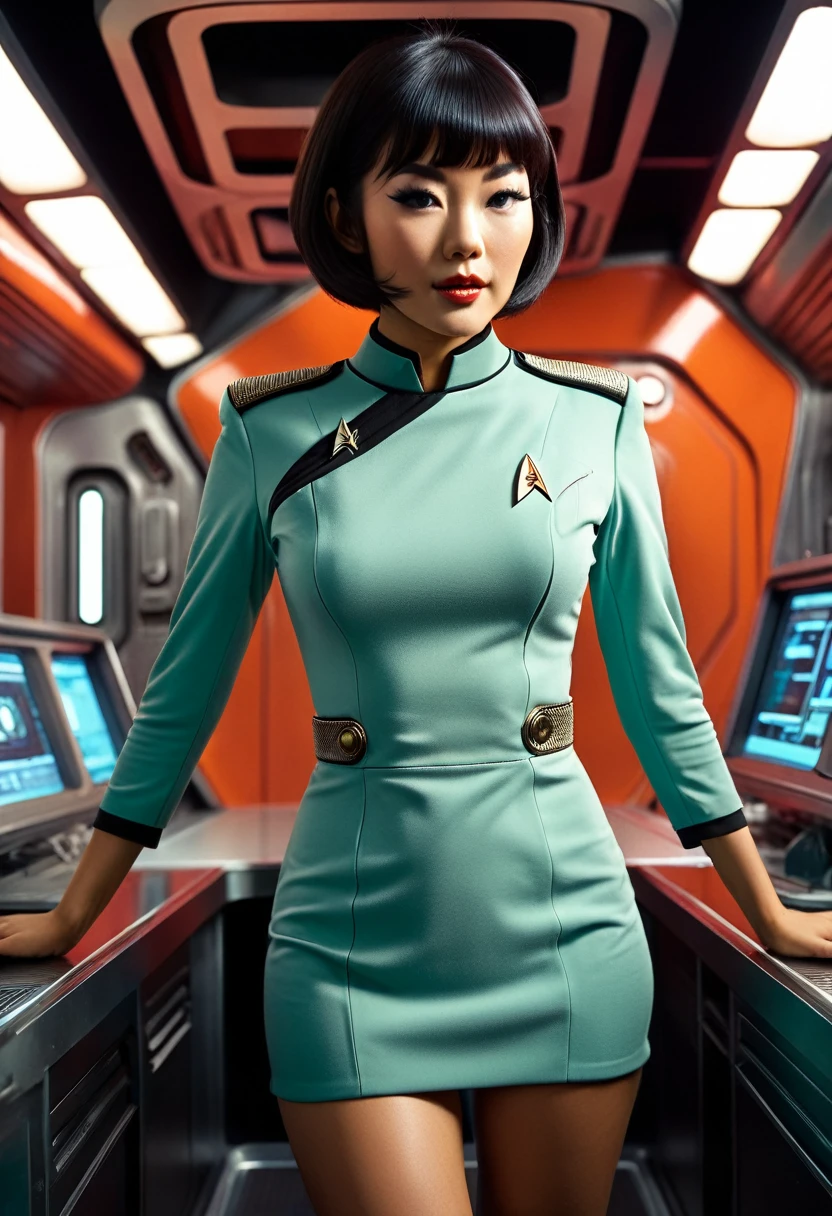 provocant, Sexy, very Sexy, coquette, éveiller, révélateur, sensuel, taquinerie ((porter une mini robe de la série originale Star Trek des années 70, un uniforme d&#39;équipage de pont)) (membre d&#39;équipage asiatique avec coupe de cheveux au carré et silhouette mince) ((dans le style rétro-futuriste, plateau de tournage rétro-scifi) ((dans le style d&#39;un film érotique des années 70, mise au point douce, Cinématique, pulpe, porno, porno rétroo, film des années 1970) ((Ultra réaliste, détaillé et dynamique)) (Nikon d850 film 4 kodak portra 400 camera f1.6 lentilles, couleurs riches, hyper réaliste, texture réaliste, Éclairage dramatique, cinestill 800 tungstène, (photo brute, Nikon, 8k, Super détaillé, détails avancés, détails complexes, Super détaillé), (photo primée, chef-d&#39;œuvre), (photo-réaliste) ((Anatomiquement correct, Corps humain de haute précision, Visage très détaillé, Peau réaliste)) éclairage: Éclairage du visage, Tracé laser, lumière réfléchissante, structurellement correct)