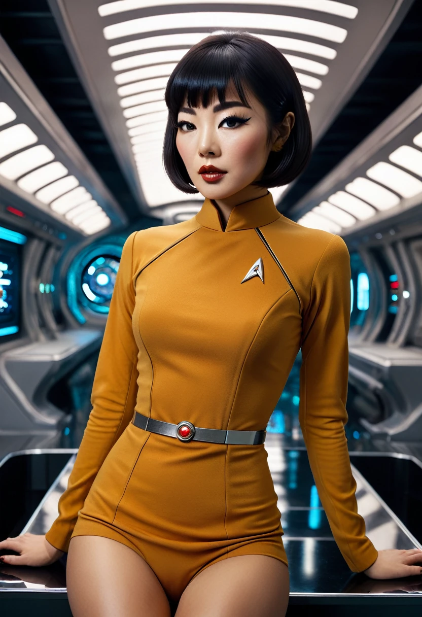 provocant, Sexy, very Sexy, coquette, éveiller, révélateur, sensuel, taquinerie ((porter une mini robe de la série originale Star Trek des années 70, un uniforme d&#39;équipage de pont)) (membre d&#39;équipage asiatique avec coupe de cheveux au carré et silhouette mince) ((dans le style rétro-futuriste, plateau de tournage rétro-scifi) ((dans le style d&#39;un film érotique des années 70, mise au point douce, Cinématique, pulpe, porno, porno rétroo, film des années 1970) ((Ultra réaliste, détaillé et dynamique)) (Nikon d850 film 4 kodak portra 400 camera f1.6 lentilles, couleurs riches, hyper réaliste, texture réaliste, Éclairage dramatique, cinestill 800 tungstène, (photo brute, Nikon, 8k, Super détaillé, détails avancés, détails complexes, Super détaillé), (photo primée, chef-d&#39;œuvre), (photo-réaliste) ((Anatomiquement correct, Corps humain de haute précision, Visage très détaillé, Peau réaliste)) éclairage: Éclairage du visage, Tracé laser, lumière réfléchissante, structurellement correct)