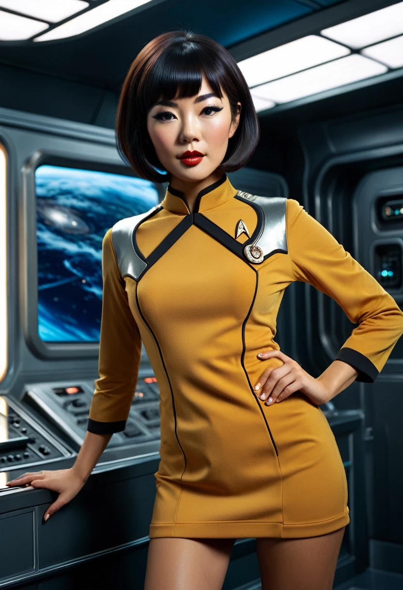 provocant, Sexy, very Sexy, coquette, éveiller, révélateur, sensuel, taquinerie ((porter une mini robe de la série originale Star Trek des années 70, un uniforme d&#39;équipage de pont)) (membre d&#39;équipage asiatique avec coupe de cheveux au carré et silhouette mince) ((dans le style rétro-futuriste, plateau de tournage rétro-scifi) ((dans le style d&#39;un film érotique des années 70, mise au point douce, Cinématique, pulpe, porno, porno rétroo, film des années 1970) ((Ultra réaliste, détaillé et dynamique)) (Nikon d850 film 4 kodak portra 400 camera f1.6 lentilles, couleurs riches, hyper réaliste, texture réaliste, Éclairage dramatique, cinestill 800 tungstène, (photo brute, Nikon, 8k, Super détaillé, détails avancés, détails complexes, Super détaillé), (photo primée, chef-d&#39;œuvre), (photo-réaliste) ((Anatomiquement correct, Corps humain de haute précision, Visage très détaillé, Peau réaliste)) éclairage: Éclairage du visage, Tracé laser, lumière réfléchissante, structurellement correct)