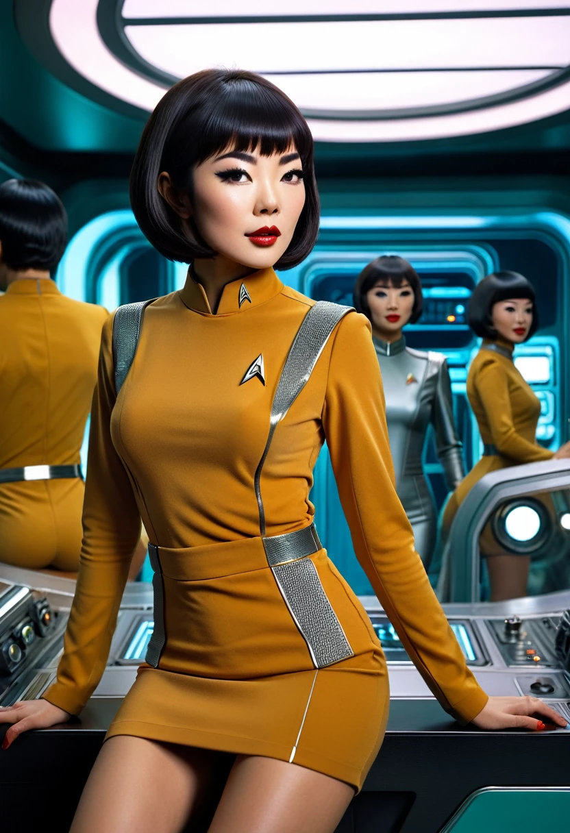 provocant, Sexy, very Sexy, coquette, éveiller, révélateur, sensuel, taquinerie ((porter une mini robe de la série originale Star Trek des années 70, un uniforme d&#39;équipage de pont)) (membre d&#39;équipage asiatique avec coupe de cheveux au carré et silhouette mince) ((dans le style rétro-futuriste, plateau de tournage rétro-scifi) ((dans le style d&#39;un film érotique des années 70, mise au point douce, Cinématique, pulpe, porno, porno rétroo, film des années 1970) ((Ultra réaliste, détaillé et dynamique)) (Nikon d850 film 4 kodak portra 400 camera f1.6 lentilles, couleurs riches, hyper réaliste, texture réaliste, Éclairage dramatique, cinestill 800 tungstène, (photo brute, Nikon, 8k, Super détaillé, détails avancés, détails complexes, Super détaillé), (photo primée, chef-d&#39;œuvre), (photo-réaliste) ((Anatomiquement correct, Corps humain de haute précision, Visage très détaillé, Peau réaliste)) éclairage: Éclairage du visage, Tracé laser, lumière réfléchissante, structurellement correct)