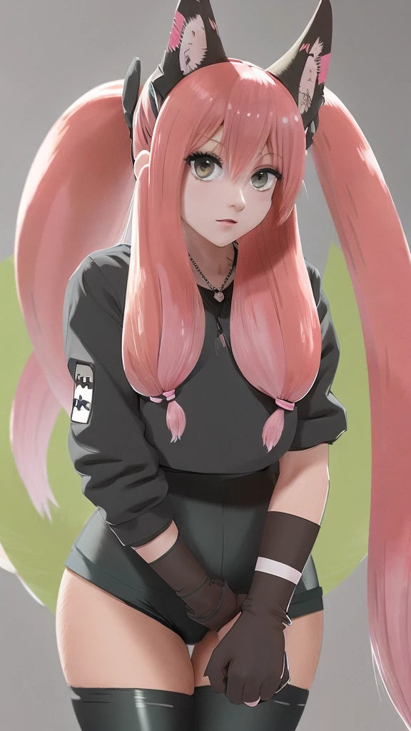 focus face, venusbody, Very detailed, masterpiece, pink hair, two high ponytails, long hair, ribbon in hair, black shorts, white tube top, black crop jacket, asymetrical legwear, single black thigh high stocking, heart earrings, thigh straps, heart necklace, green eyes, painted nails, furry femboy, femenine