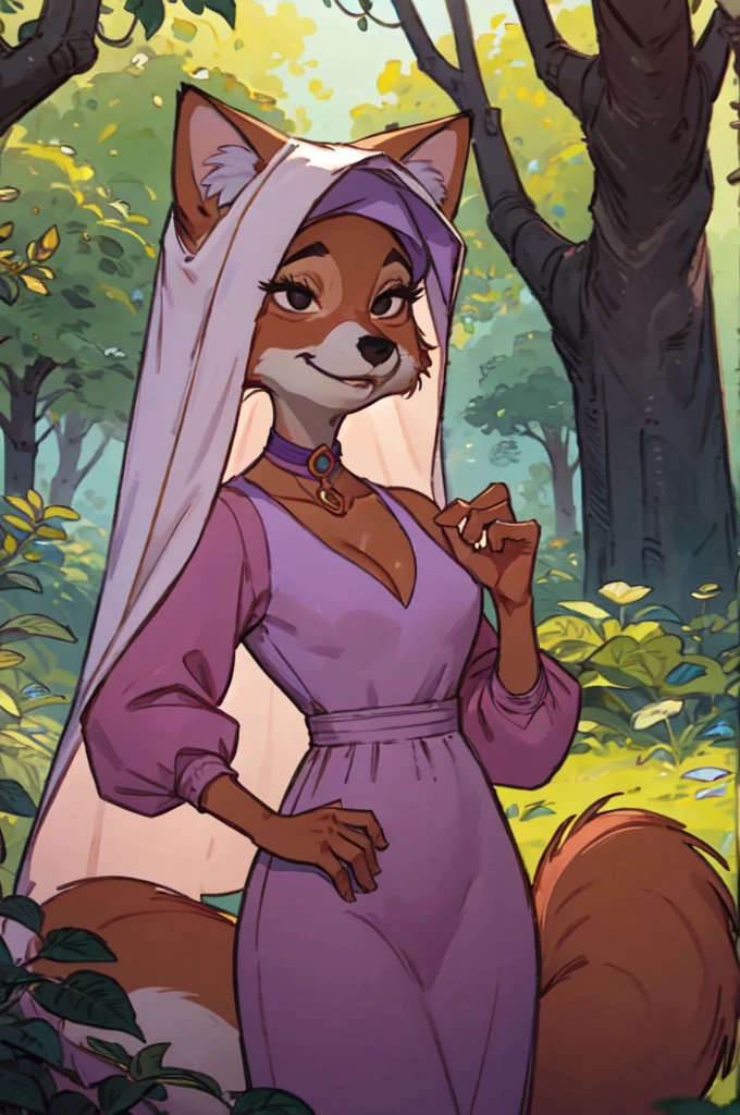 CARTOON_MaidMarian_ownwaifu, furry female fox, animal ears, black eyes, animal nose, orange fur, tail,veil,purple dress, long sleeves,choker, looking at viewer, serious, standing, outside, forest, natural lighting, high quality, masterpiece,  (satin cleavage)